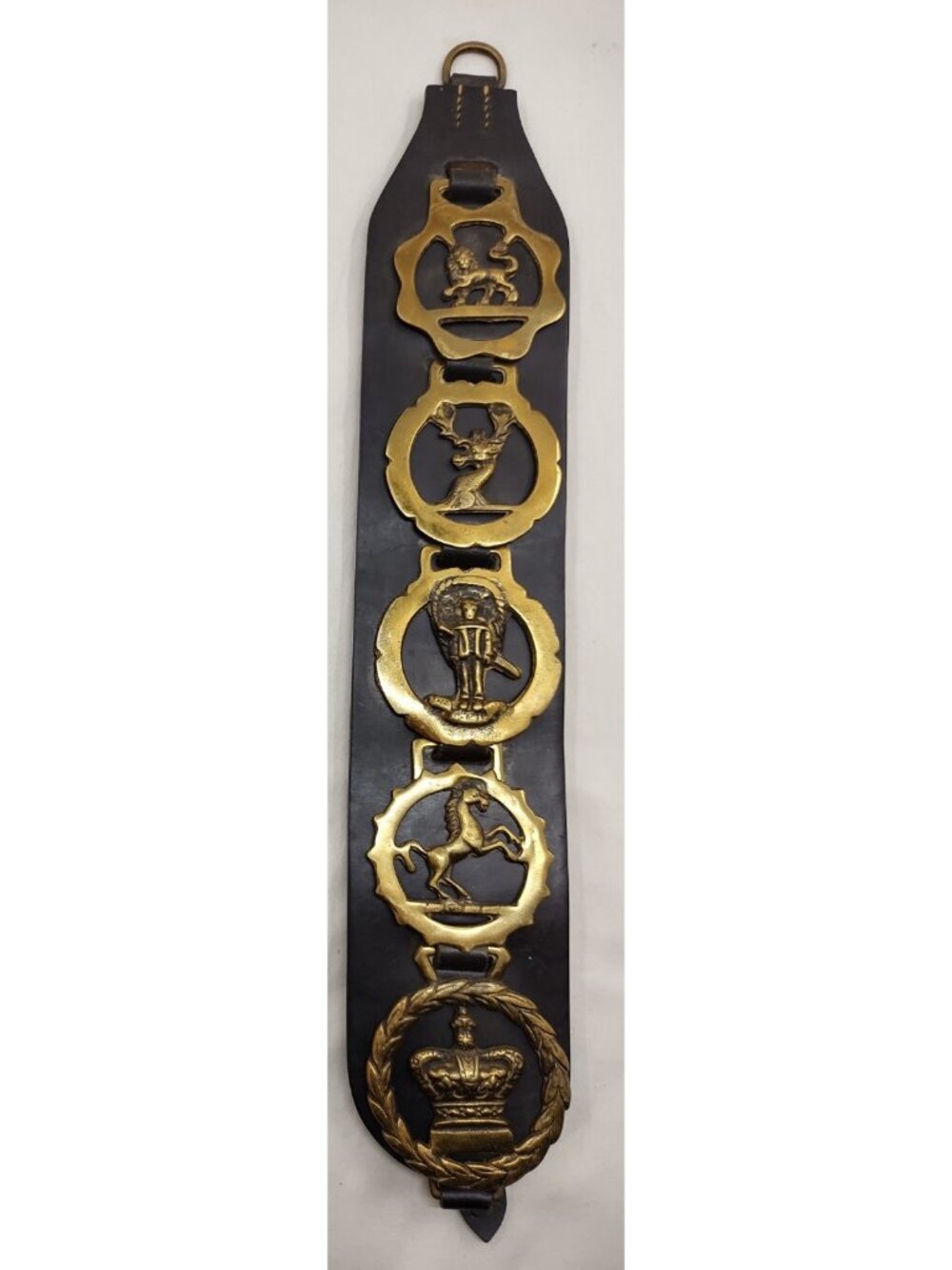 Vintage English Horse Brass Martingale Strap Crown Stag Lion Heraldic Set
